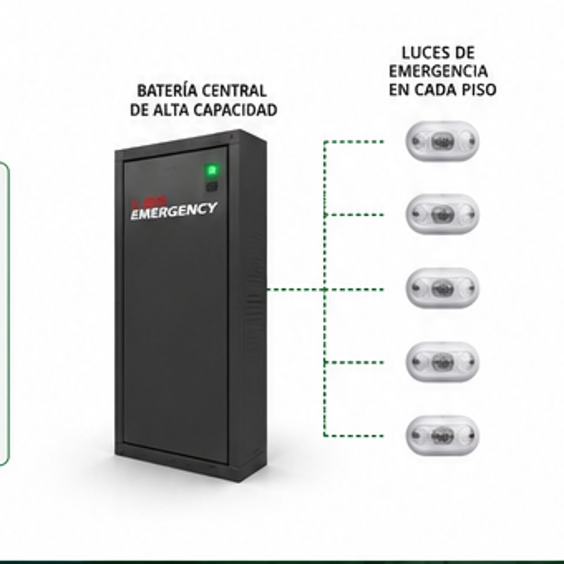 Equipo de batería central que alimenta luces de emergencia en distintos pisos